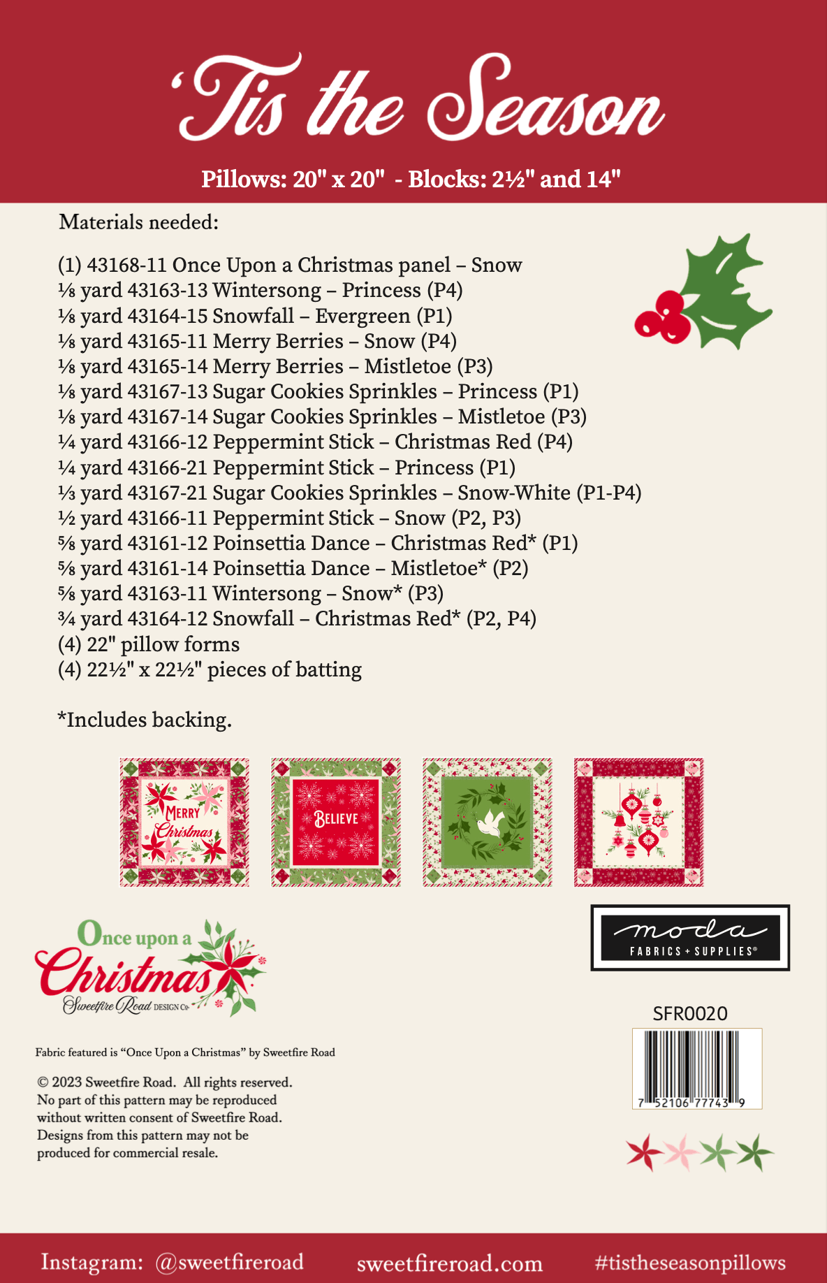 Moda Once Upon a Christmas "Tis the Season" Pillow Patterns (DIGITAL DOWNLOAD)