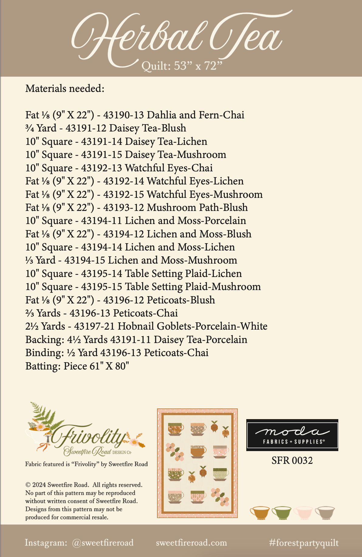 Moda Moda Frivolity - Herbal Tea Quilt Printed Pattern *PREORDER*